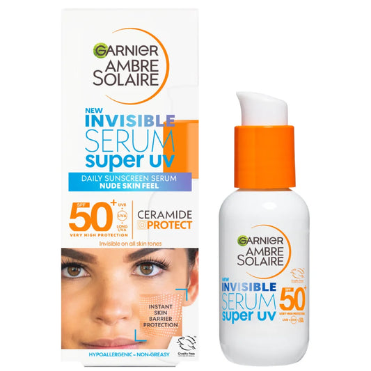 Garnier Ambre Solaire Super UV invisible serum bottle, SPF50+, 30ml