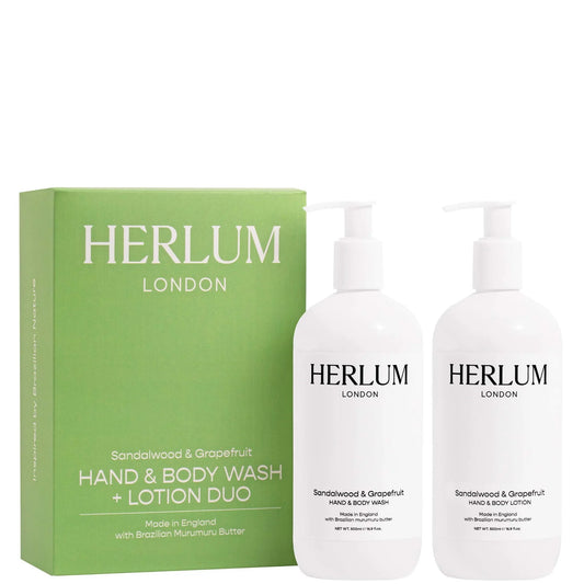 Herlum Hand and Body Wash and Lotion Duo 500ml in white bottles with minimalist labels, sandalwood and grapefruit scent