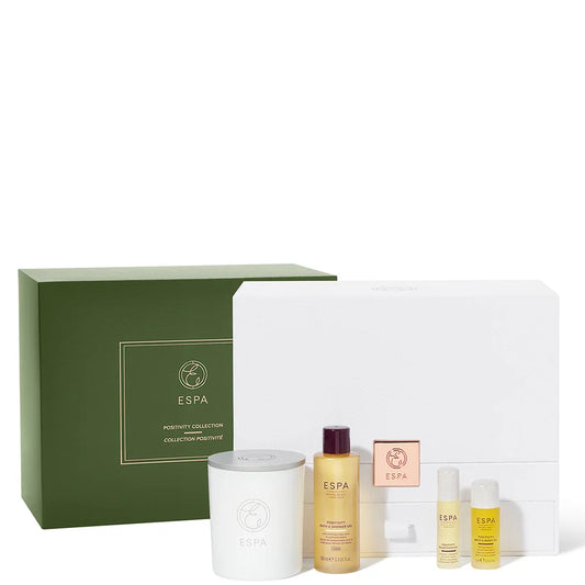 ESPA Positivity Collection gift set with candles and bath products in coordinated packaging