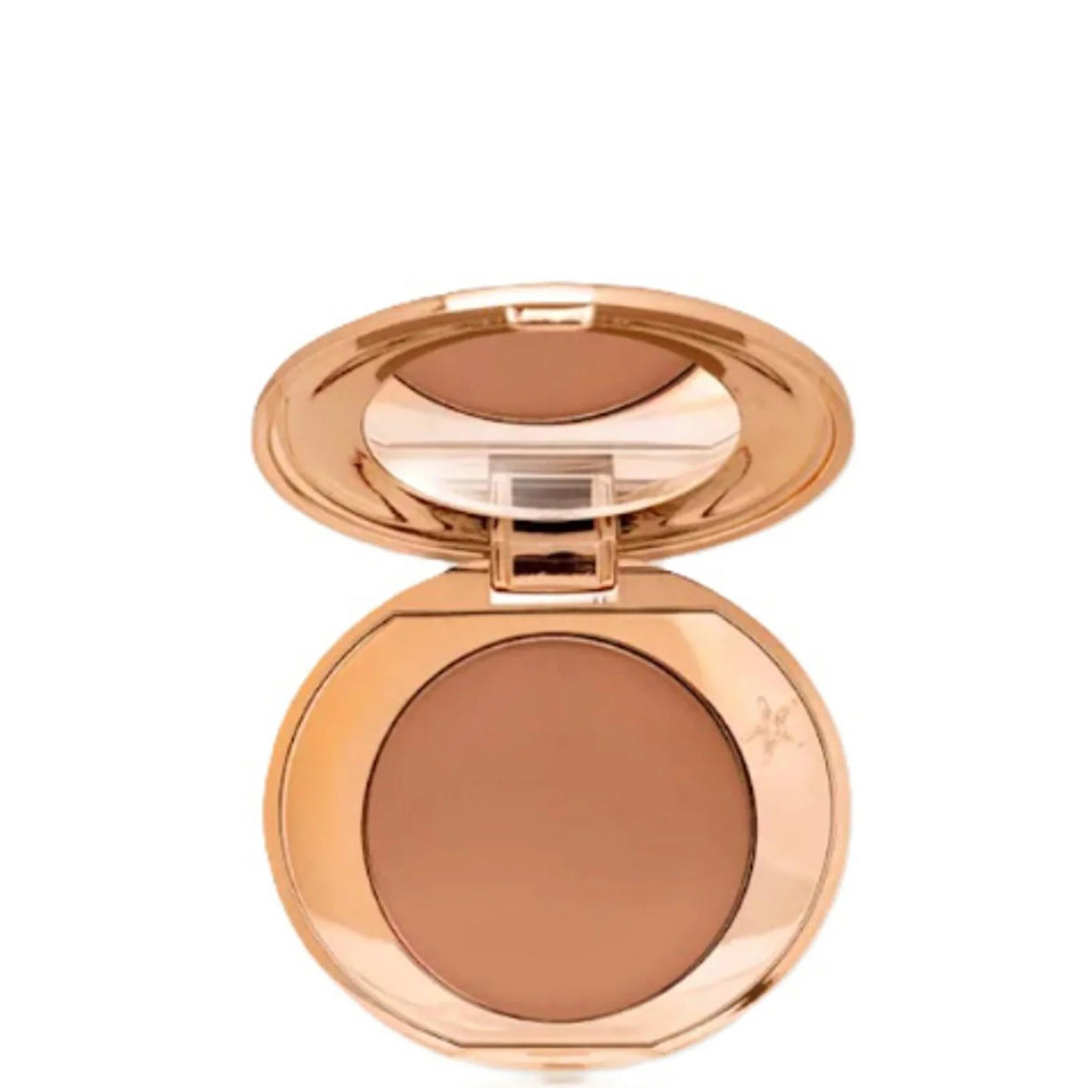Charlotte Tilbury Airbrush Flawless Finish Travel Size Powder - Deep, small gold pot with sifter lid and Charlotte Tilbury lips logo