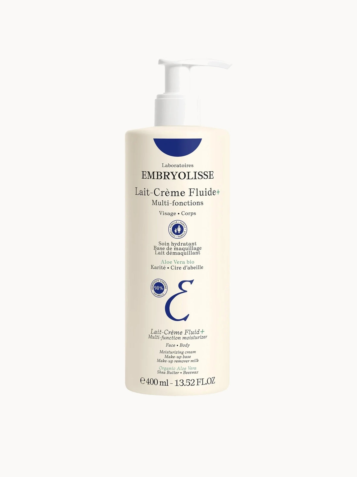 Embryolisse Lait-Creme Fluid+ 400ml, white pump bottle with blue text and cap