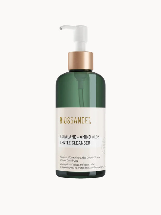Biossance Squalane and Amino Aloe Gentle Cleanser 200ml clear pump bottle with green and white label packaging product image