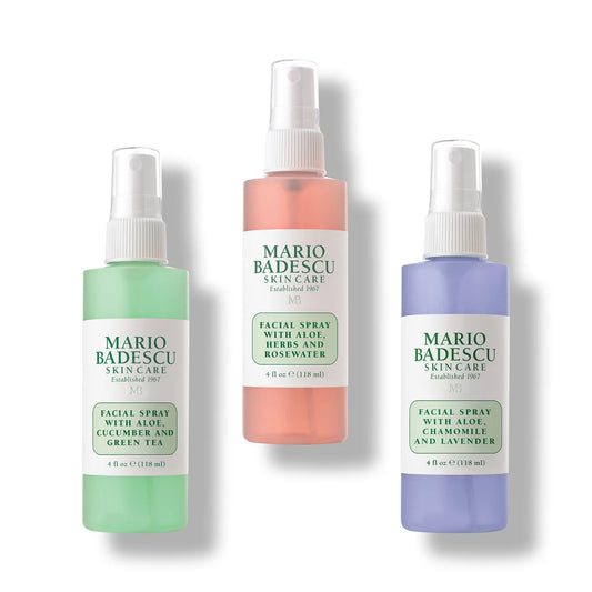 Mario Badescu facial spray trio in pastel bottles, hydrating mist set for glowing, refreshed skin