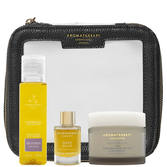 Luxury aromatherapy self-care set with de-stress muscle gel and shower oils
