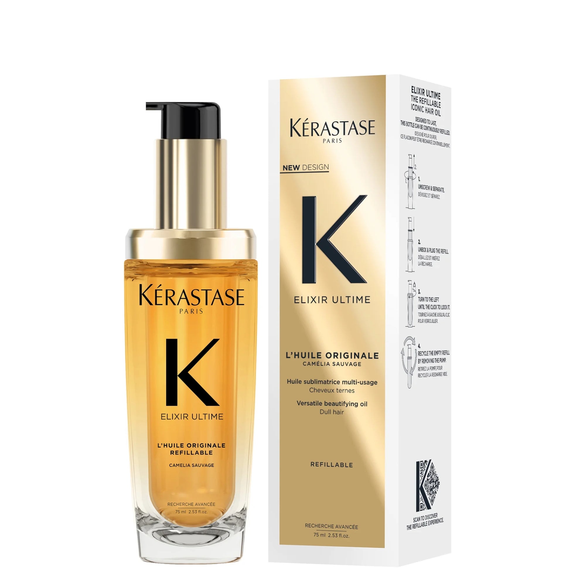 Kérastase Elixir Ultime L'Huile Originale Hair Oil 75ml gold glass bottle with pump dispenser