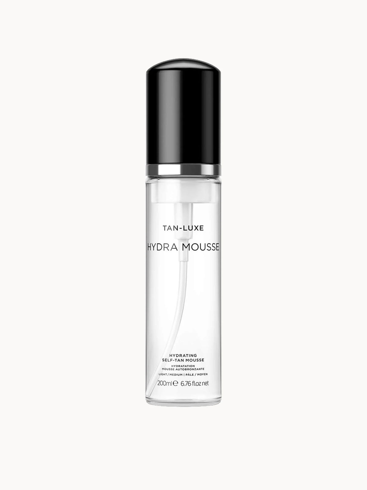 Tan-Luxe Hydra Mousse Hydrating Self-Tan Mousse 200ml - Medium, clear pump bottle with gold cap and Tan-Luxe branding