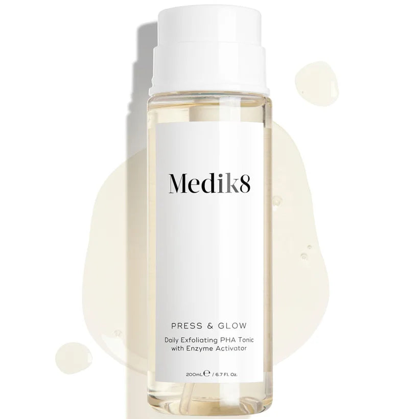 Medik8 Press and Glow Tonic 200ml white flip-cap bottle against a clean white background