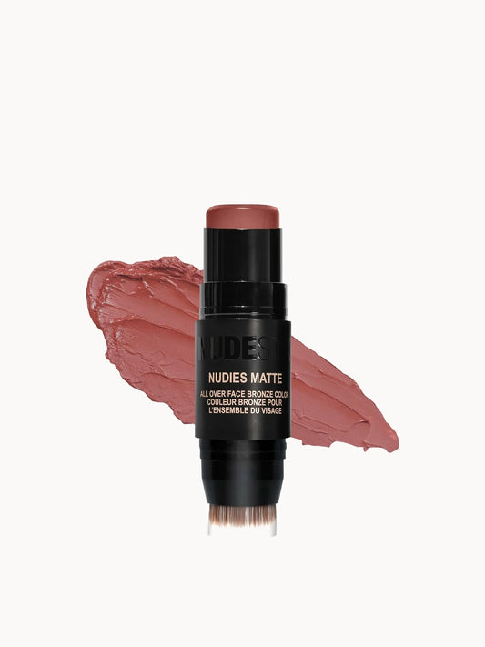 Nudestix Nudies All Over Face Color Matte 7g - Sunkissed Cool, black reusable tin with mirror and built-in blending brush