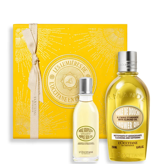 L'Occitane Almond Oil Collection gift set with multiple almond body care bottles and products arranged together in branded packaging