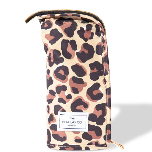 The Flat Lay Co. standing brush case in leopard print with gold zipper and upright design