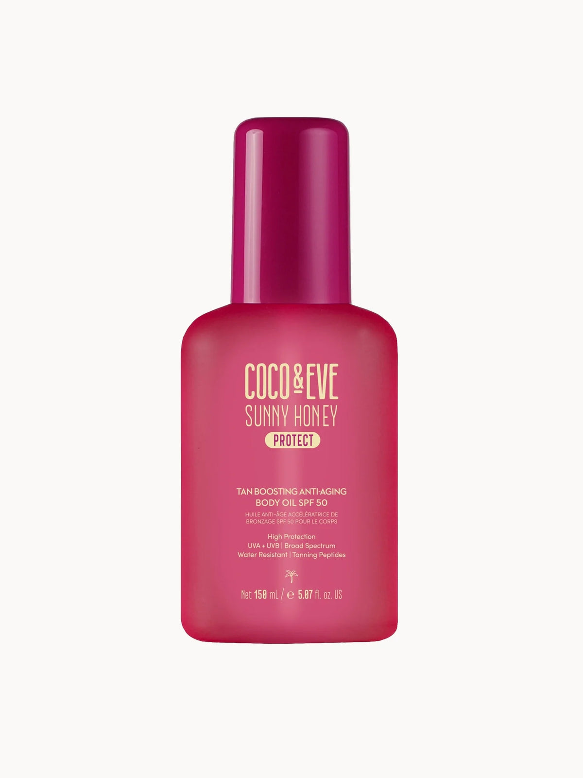 Coco & Eve Tan Boosting Anti-Aging Body Oil SPF50 150ml, orange and white pump bottle