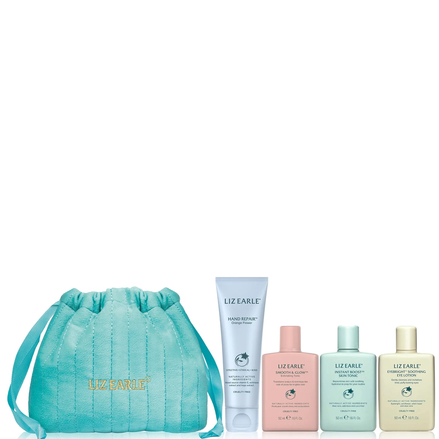 Liz Earle Smooth and Refresh Collection four piece set in teal pouch