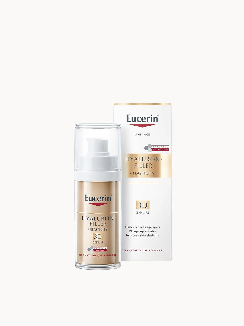 Eucerin Hyaluron-Filler Elasticity 3D Serum 30ml small bottle with pump and silver and rose accents