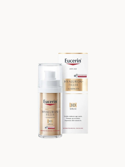 Eucerin Hyaluron-Filler Elasticity 3D Serum 30ml small bottle with pump and silver and rose accents