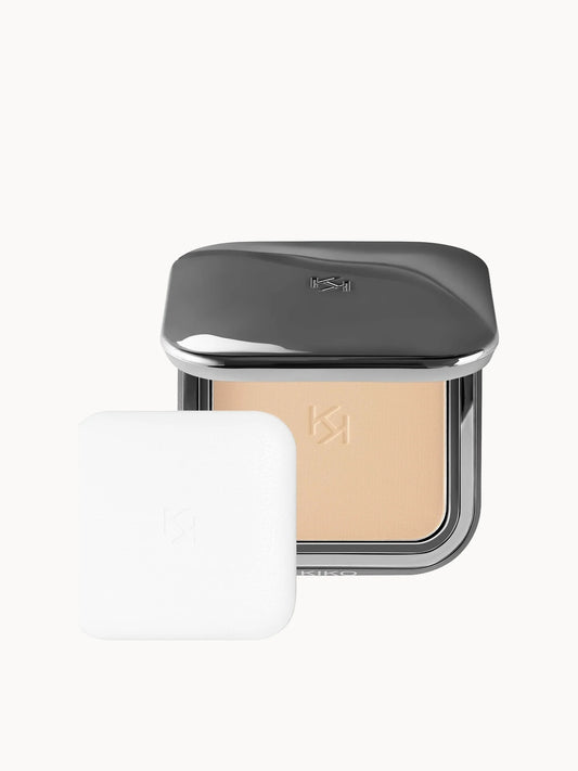 Kiko Milano Matte Fusion Pressed Powder 12g - 01 Beige Rose, round gunmetal compact with engraved KK logo