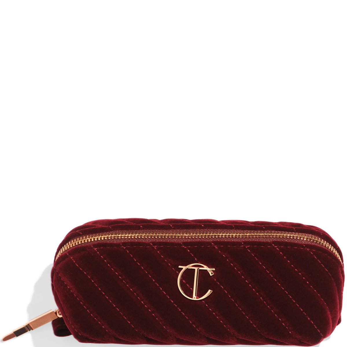 Charlotte Tilbury Organizer Velvet Makeup Bag - Small, small velvet zip-top makeup bag in deep jewel tone with gold Charlotte Tilbury lips logo