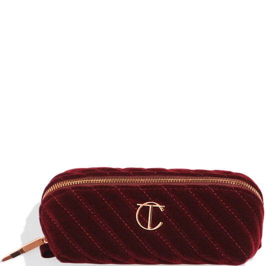 Charlotte Tilbury Organizer Velvet Makeup Bag - Small, small velvet zip-top makeup bag in deep jewel tone with gold Charlotte Tilbury lips logo