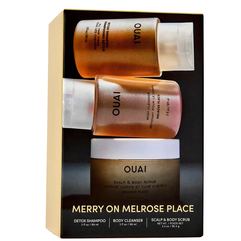 OUAI Merry On Melrose Holiday Kit 2025 gift set with multiple haircare products arranged in branded festive box
