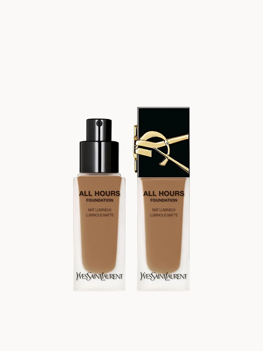 Yves Saint Laurent All Hours Luminous Matte Foundation with SPF 39 - DN1, glass bottle with gold pump dispenser and black YSL cassandre logo
