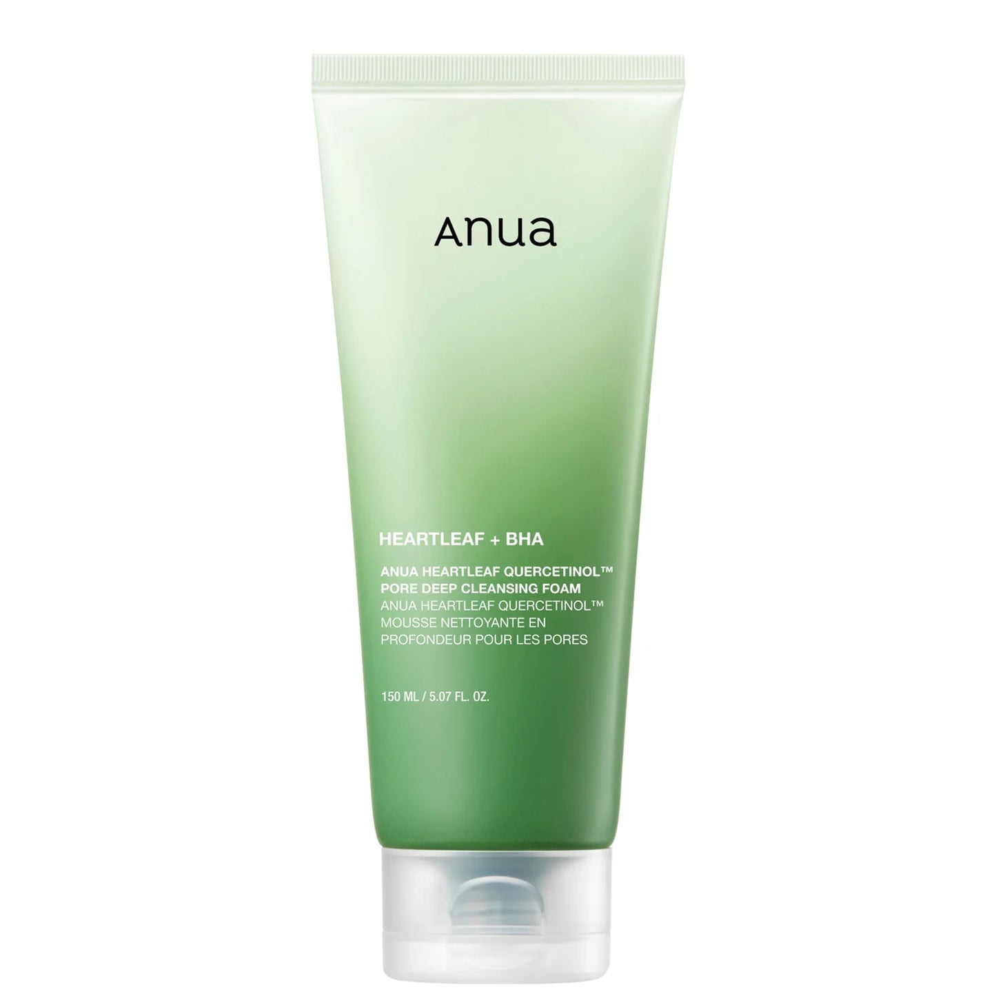Anua Heartleaf Quercetinol Pore Deep Cleansing Foam in a soft tube, minimalist design highlighting heartleaf and pore care claims.