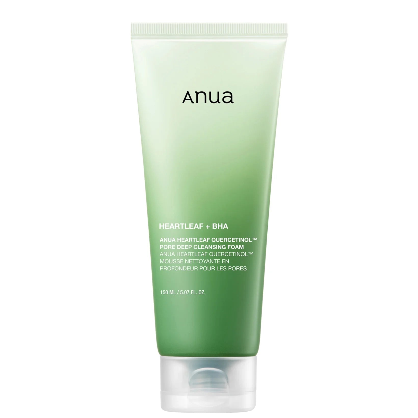 Anua Heartleaf Quercetinol Pore Deep Cleansing Foam in a soft tube, minimalist design highlighting heartleaf and pore care claims.