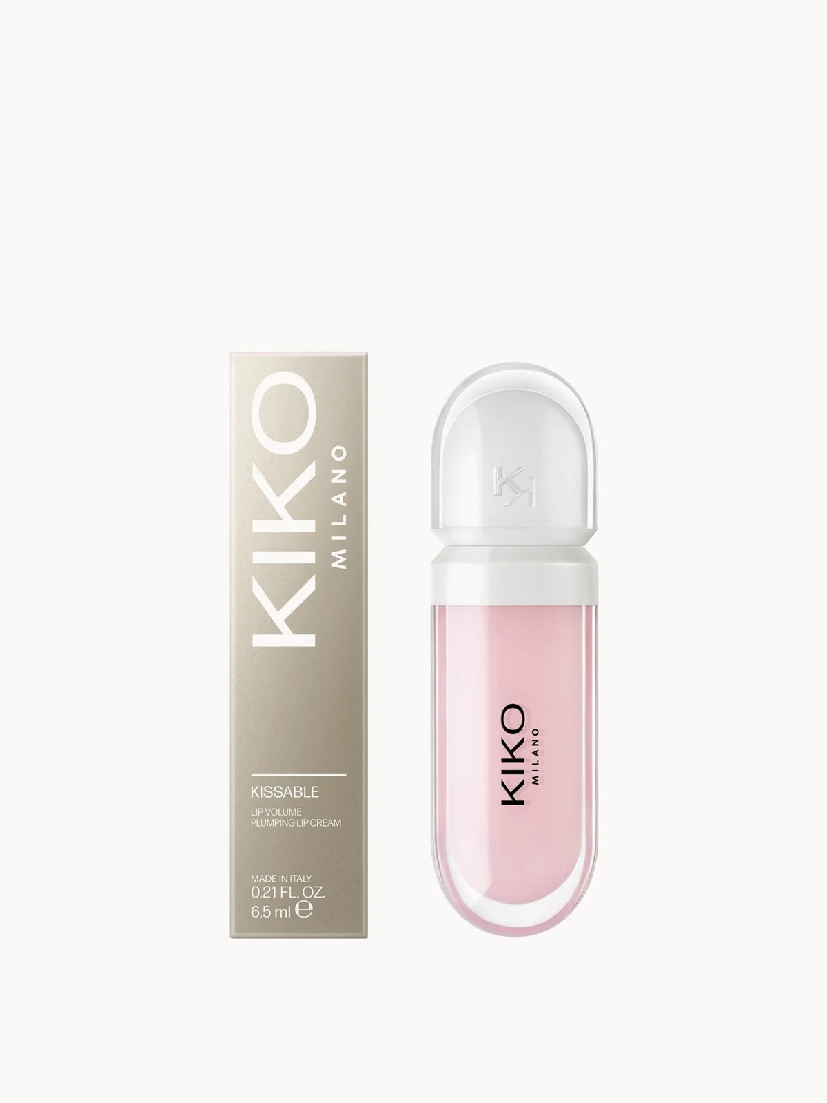 KIKO Milano Pumpling Effect Lip Cream 01 Tutu Rose, small clear tube with pink doe-foot applicator cap and KIKO Milano branding