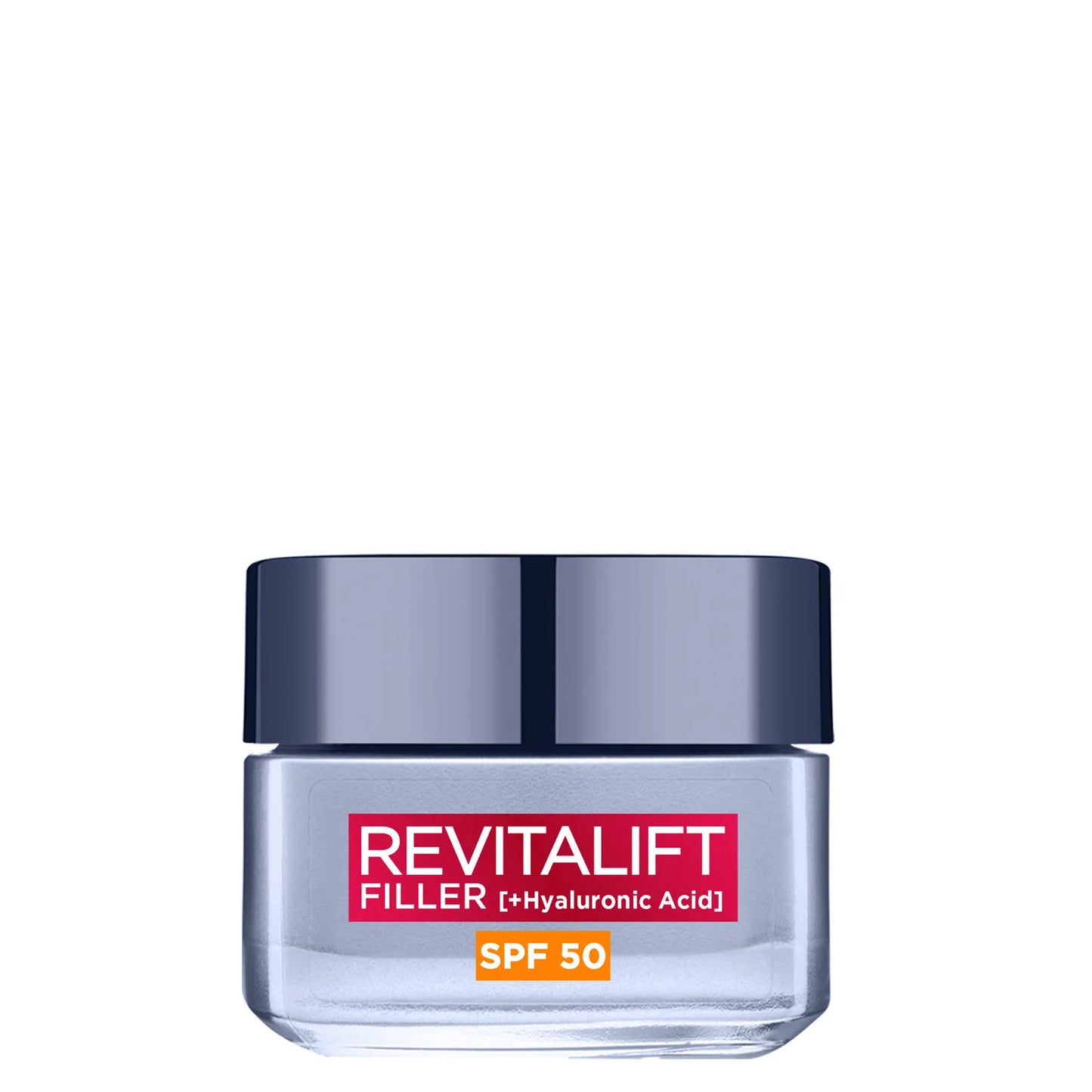 L'Oréal Paris Revitalift Filler Hyaluronic Acid Anti-Ageing SPF50 Day Cream 50ml, square purple and red jar with matching lid, designed to hydrate and plump skin