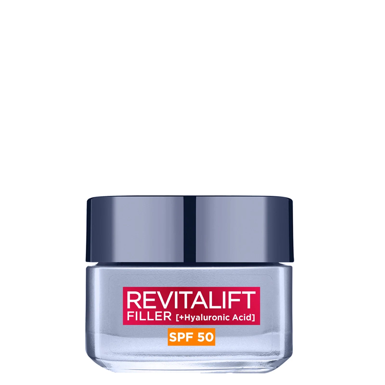 L'Oréal Paris Revitalift Filler Hyaluronic Acid Anti-Ageing SPF50 Day Cream 50ml, square purple and red jar with matching lid, designed to hydrate and plump skin
