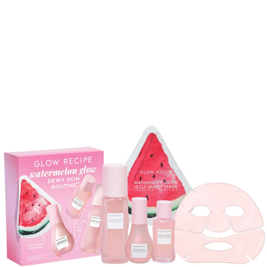 Glow Recipe Watermelon Glow Dewy Skin Routine set with multiple pink and green skincare bottles and jars grouped together