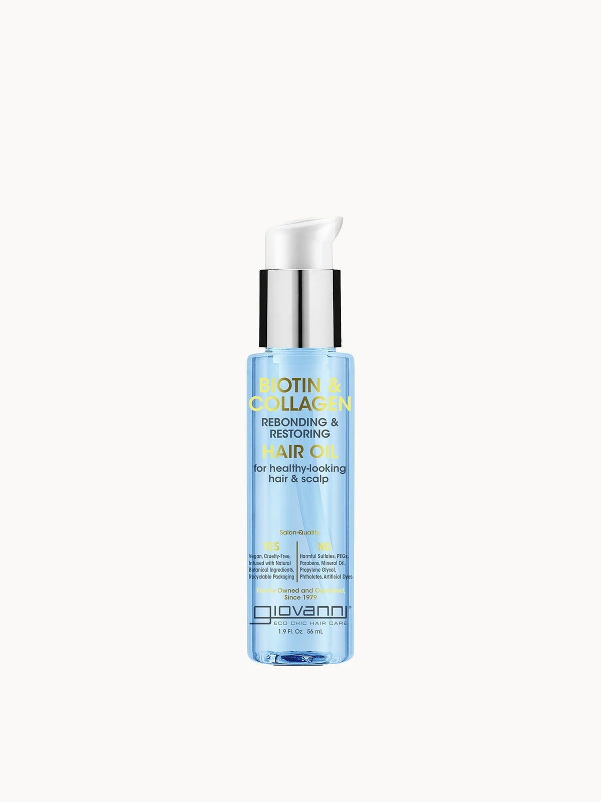 Giovanni Biotin & Collagen Rebond and Restore Hair Oil 56ml, small clear bottle with gold cap and Giovanni Biotin & Collagen branding