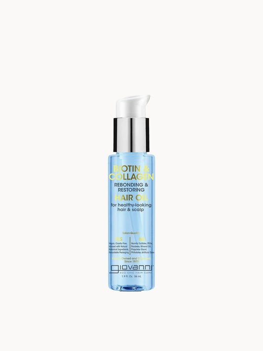 Giovanni Biotin & Collagen Rebond and Restore Hair Oil 56ml, small clear bottle with gold cap and Giovanni Biotin & Collagen branding