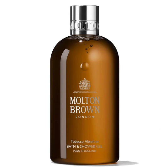 Molton Brown Tobacco Absolute Bath and Shower Gel 300ml clear bottle with brown liquid and silver cap