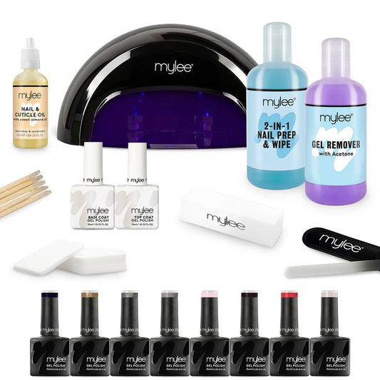 Mylee The Full Works Complete Gel Polish Kit with LED lamp and gel polishes for professional-quality manicures at home