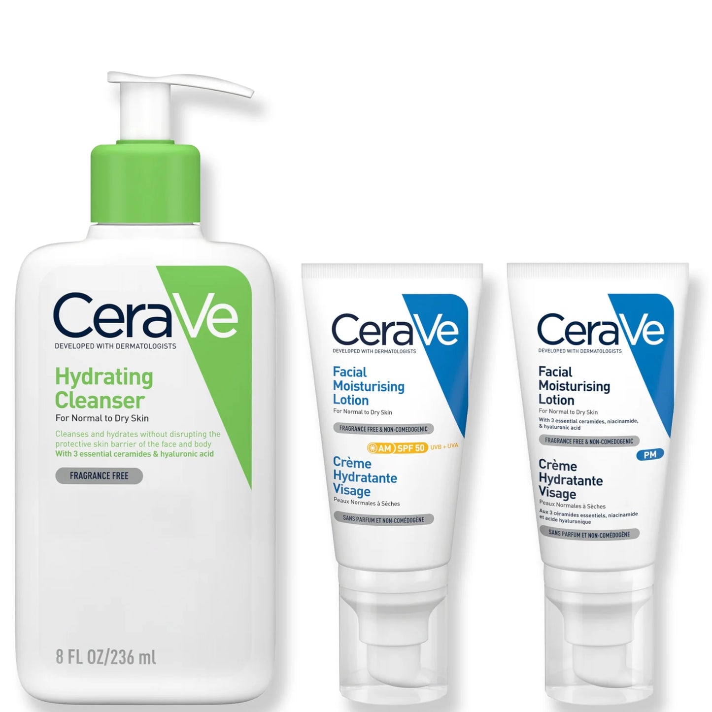 Complete CeraVe skincare set with cleanser, moisturiser, and SPF for daily face care