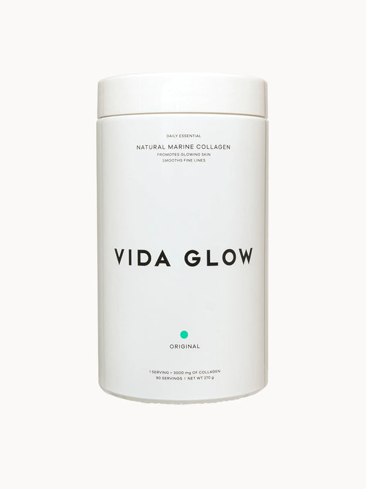 Vida Glow Natural Marine Collagen Powder 270g, white pouch with gold Vida Glow branding