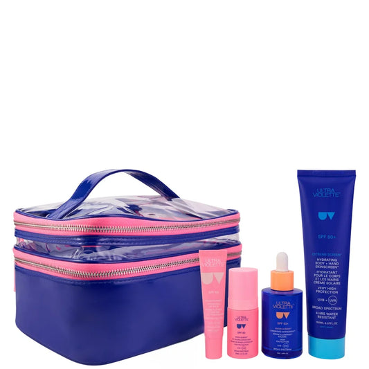 Ultra Violette Vi's Glam Squad 250ml sunscreen set with multiple SPF products in bright coloured tubes and bottles