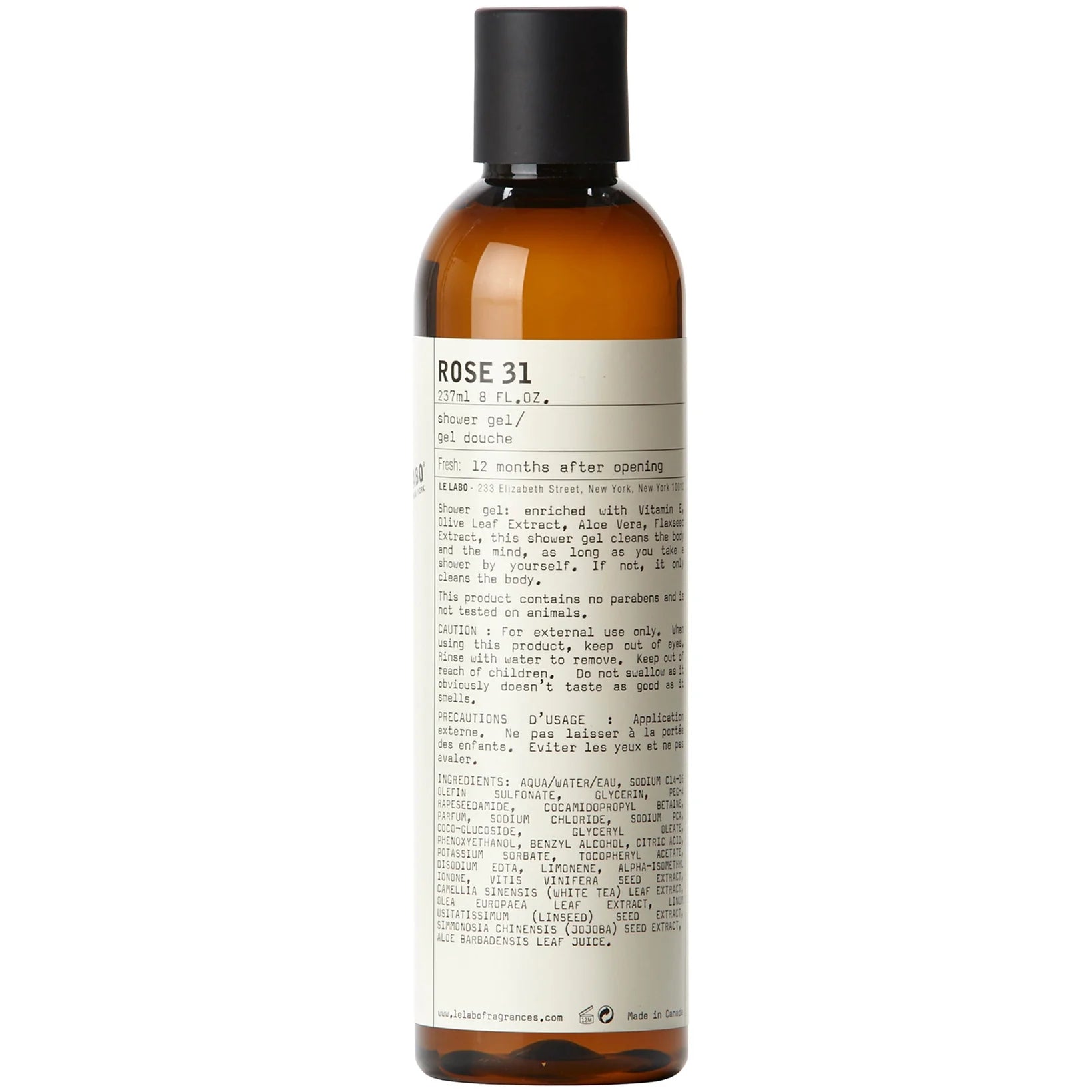 Le Labo Rose 31 Shower Gel in amber bottle with minimalist luxury branding