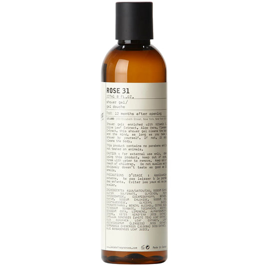Le Labo Rose 31 Shower Gel in amber bottle with minimalist luxury branding