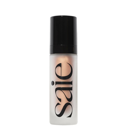 Saie Glowy Super Gel – Sunglow, frosted glass pump bottle with black cap, filled with bronzy liquid and minimalist label, designed to give skin a radiant, sun-kissed glow