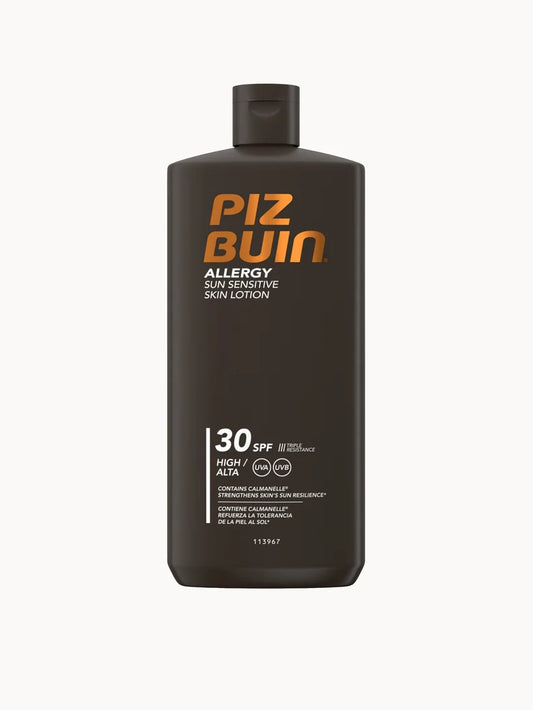 Piz Buin Allergy Lotion SPF30 400ml large white plastic pump bottle with orange branding