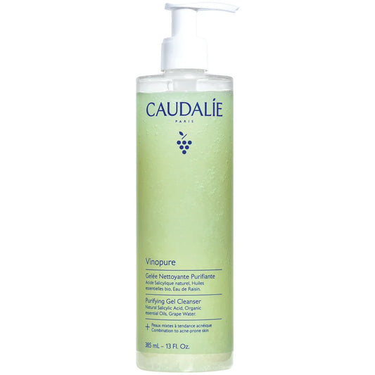 Caudalie Vinopure Purifying Gel Cleanser 385ml green pump bottle with clear gel visible inside
