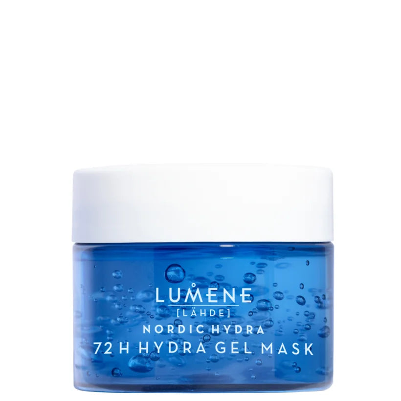 Lumene Nordic Hydra Oxygen Recovery 72h Hydra Gel Mask blue jar with white lid shown closed