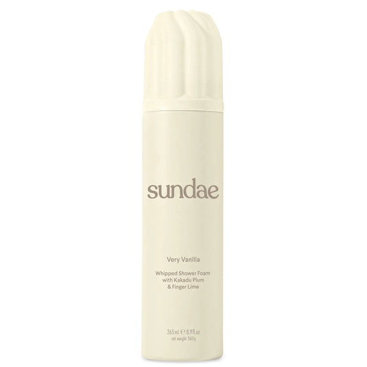 SUNDAE Very Vanilla Whipped Shower Foam 265ml in pastel vanilla-themed bottle with whipped cream design