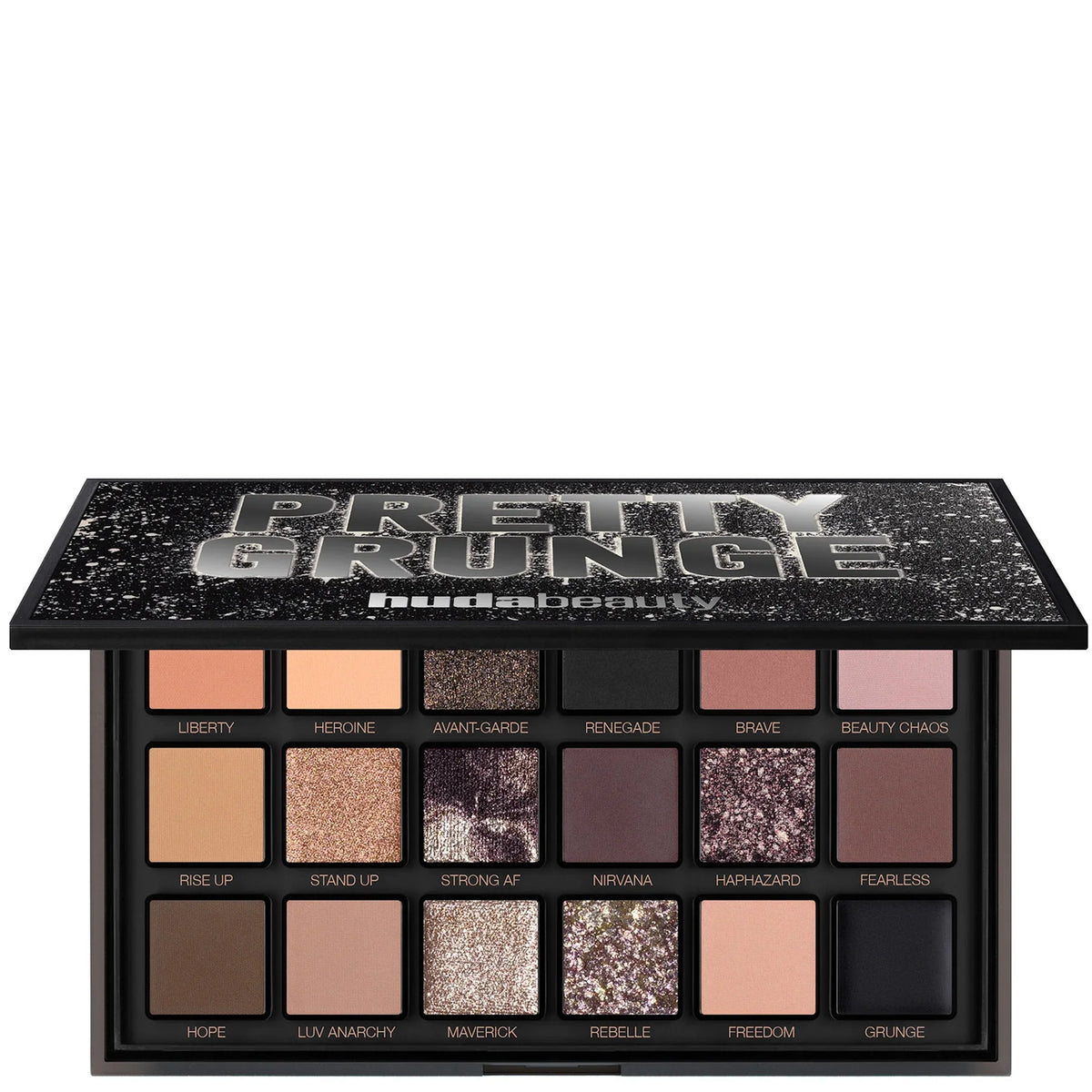 Huda Beauty Pretty Grunge 18W Eyeshadow Palette, black compact with 18 smoky-toned eyeshadow pans and mirror