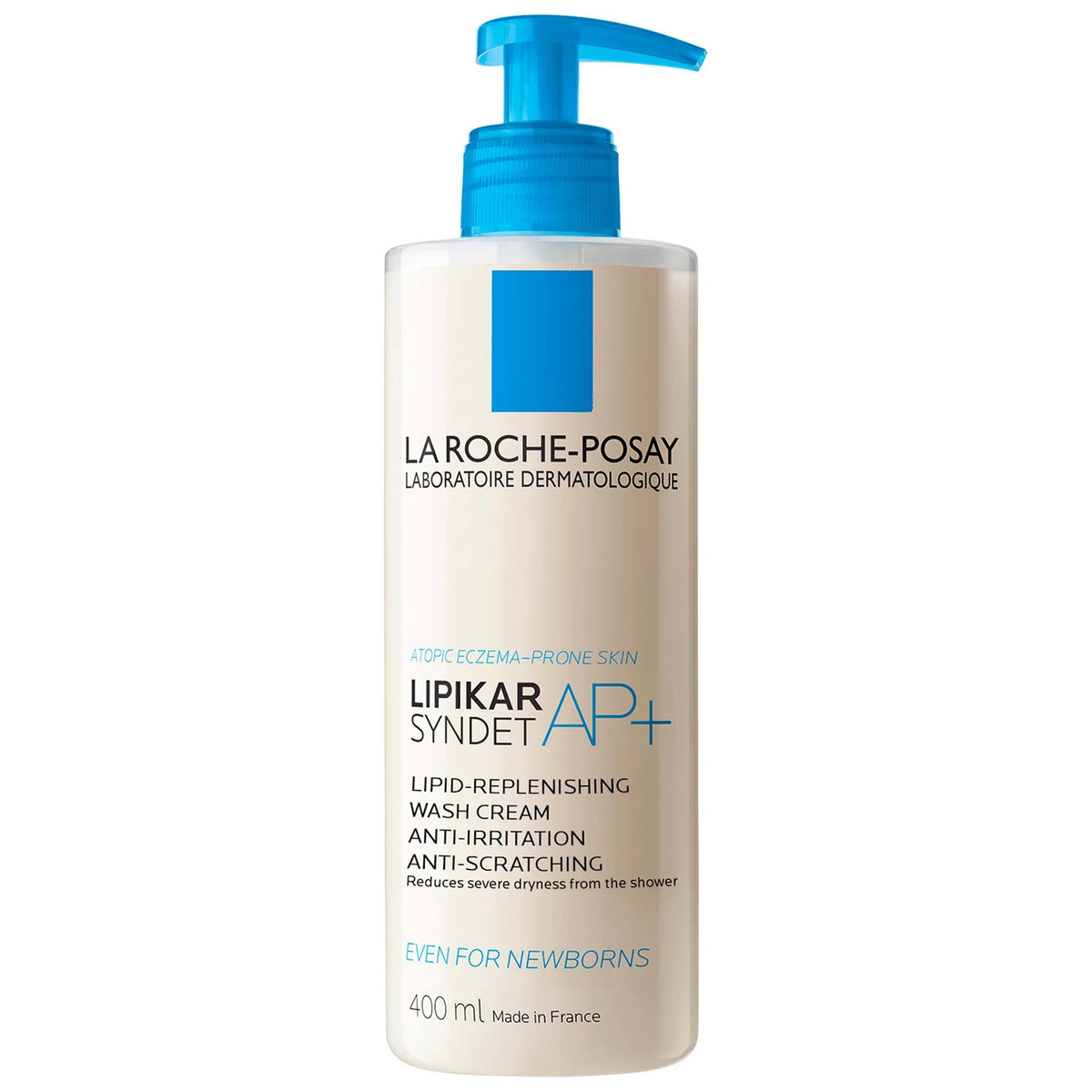 La Roche-Posay Lipikar Syndet AP+ Soothing Cream Wash For Eczema And Atopic Skin 400ml, large white pump bottle with blue cap and La Roche-Posay Lipikar branding