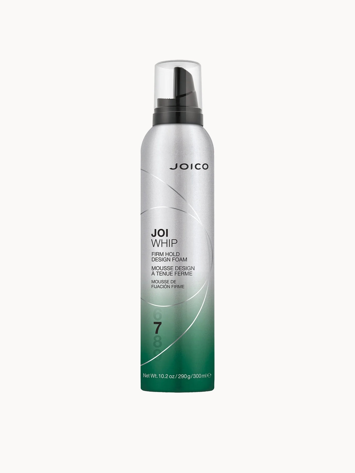 Joico JoiWhip 300ml, clear aerosol can with black cap and Joico JoiWhip branding