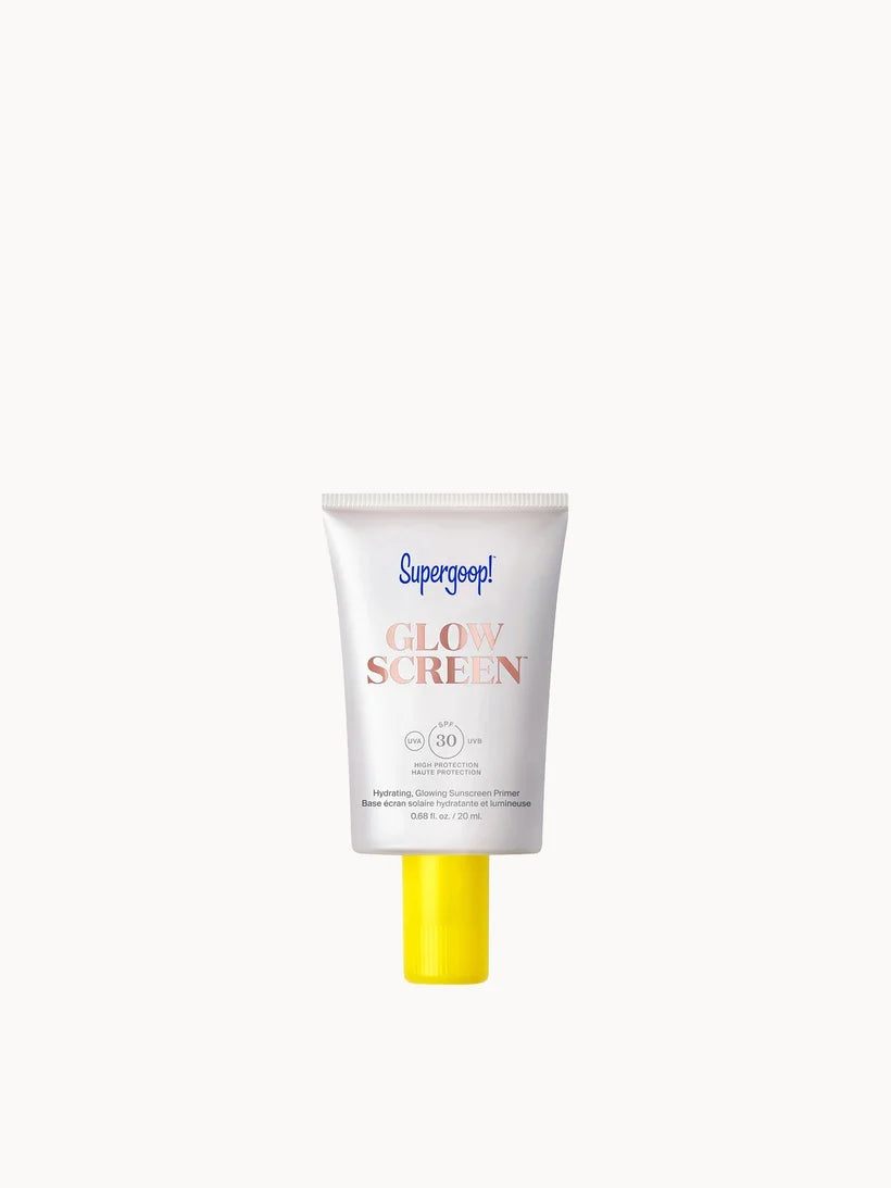 Supergoop! Glowscreen SPF30 20ml small tube with yellow cap and soft peach-toned packaging