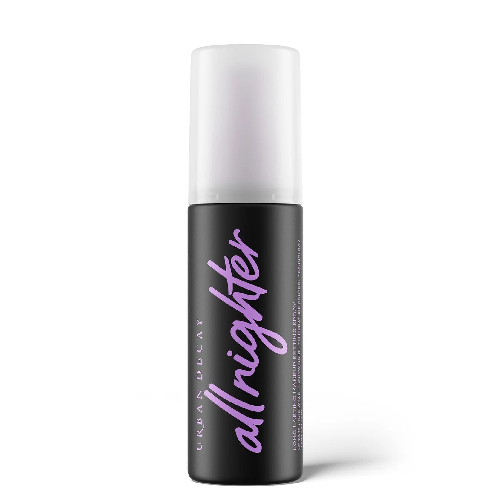 Urban Decay All Nighter Setting Spray 118ml — makeup setting mist with temperature-control tech; up to 16-hour hold in a black pump bottle.