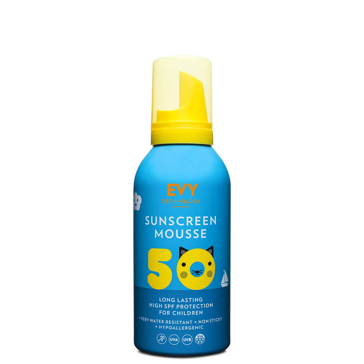 EVY Technology Sunscreen Mousse SPF50 Kids, white pump bottle with blue cap and EVY Technology Kids branding