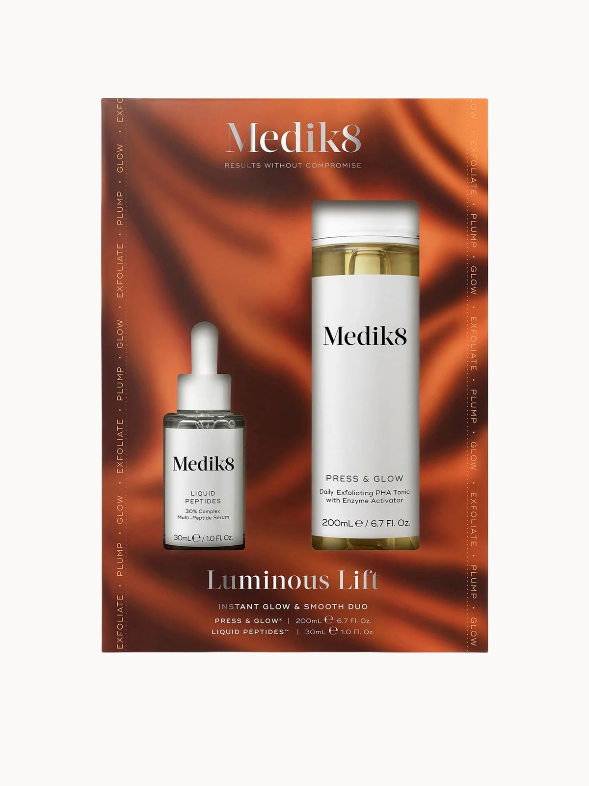 Medik8 Luminous Lift, clear pump bottle with black cap and Medik8 minimalist branding